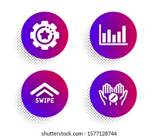 Swipe up, Column chart and Settings gear icons simple set. Halftone dots button. Medical tablet sign. Scrolling arrow, Financial graph, Technology process. Medicine pill. Science set. Vector