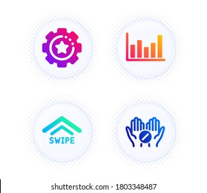 Swipe up, Column chart and Settings gear icons simple set. Button with halftone dots. Medical tablet sign. Scrolling arrow, Financial graph, Technology process. Medicine pill. Science set. Vector