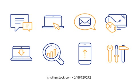 Swipe up, Comment and Computer mouse line icons set. Messenger, Seo analysis and Internet downloading signs. Portable computer, Spanner tool symbols. Scrolling screen, Talk bubbles. Vector