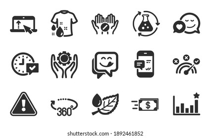 Iconos de aviso de swipe up, Dating y Smartphone sencillamente configurados. Rojo de hojas, transferencia de dinero y signos de sonrisa Yummy. Respuesta correcta, seleccione los símbolos de la alarma y Lavar los símbolos de la camiseta. Juego de iconos planos. Vector