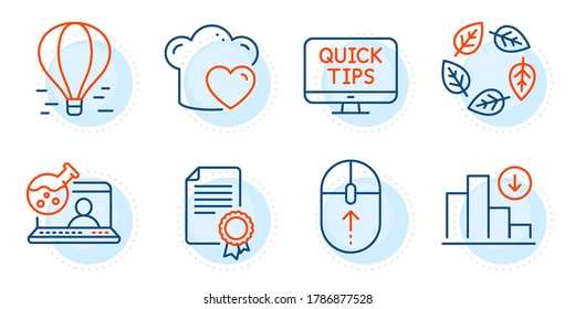 Swipe up, Decreasing graph and Air balloon signs. Organic tested, Online chemistry and Certificate line icons set. Web tutorials, Love cooking symbols. Bio ingredients, Lab flask. Vector