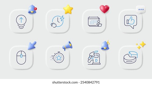 Swipe up, Diesel station and Pie chart line icons. Buttons with 3d bell, chat speech, cursor. Pack of Computer mouse, Like, Accounting icon. Timer, Charging time pictogram. Vector