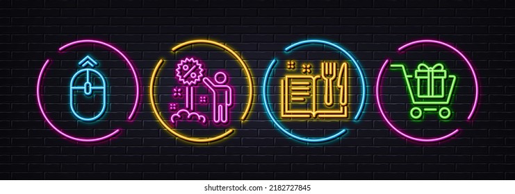 Swipe Up, Discount And Recipe Book Minimal Line Icons. Neon Laser 3d Lights. Shopping Cart Icons. For Web, Application, Printing. Scrolling Page, Sale Shopping, Food. Gift Box. Vector