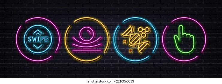 Swipe up, Elastic material and Chemistry dna minimal line icons. Neon laser 3d lights. Hand click icons. For web, application, printing. Scroll screen, Resilience, Chemical formula. Vector