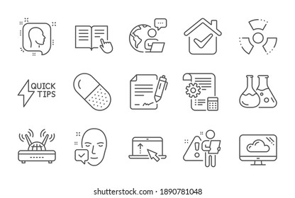 Swipe up, Face accepted and Chemistry lab line icons set. Settings blueprint, Quickstart guide and Cloud storage signs. Wifi, Chemical hazard and Capsule pill symbols. Line icons set. Vector