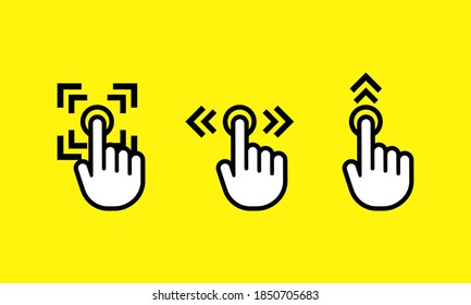 Swipe Up. Finger Touch Screen Gestures. Swipe To Left Right Up Icon Set. Hand Finger Left, Right, Up.