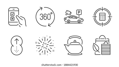 Swipe up, Fireworks explosion and Calculator target line icons set. Teapot, Parking security and Mobile survey signs. 360 degrees, Bio shopping symbols. Quality line icons. Swipe up badge. Vector