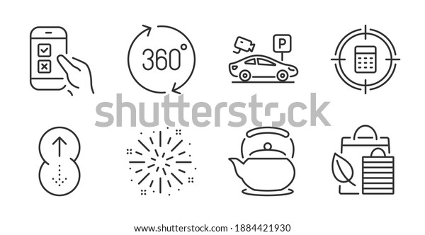 Swipe up, Fireworks explosion and Calculator\
target line icons set. Teapot, Parking security and Mobile survey\
signs. 360 degrees, Bio shopping symbols. Quality line icons. Swipe\
up badge. Vector