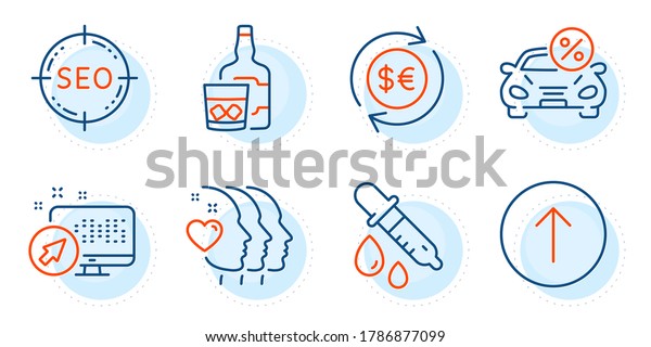 Swipe up, Friends couple and Chemistry pipette\
signs. Web system, Car leasing and Money currency line icons set.\
Seo, Whiskey glass symbols. Computer, Transport discount. Business\
set. Vector