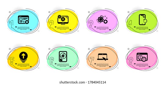 Swipe up, Gears and Reject web signs. Timeline infographic. Smartphone recovery, Portable computer and Hdd line icons set. Project deadline, Settings symbols. Phone repair, Notebook device. Vector
