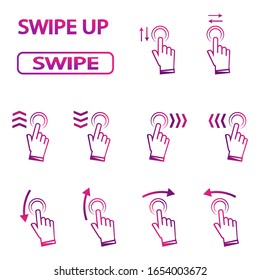 Swipe up. Hand swipe. Set of  symbols for social media. Set of gradient swipe up sign for stories design blogger, scroll pictogram. Scroll or swipe up. See more icon, scroll pictogram