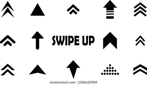 Swipe up, icon set of buttons for social media. Black arrows, buttons vector collection isolated on transparent background. Sign for web advertising and marketing in social media application.