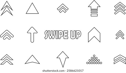 Swipe up, icon set of buttons for social media. Black arrows, buttons vector collection isolated on transparent background. Sign for web advertising and marketing in social media application.