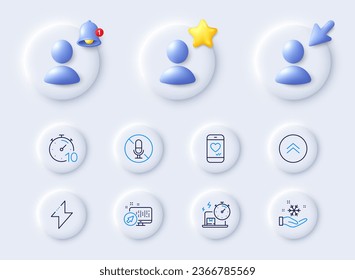 Swipe up, Love chat and Delivery online line icons. Placeholder with 3d cursor, bell, star. Pack of Energy, Freezing, No microphone icon. Timer, Web system pictogram. For web app, printing. Vector