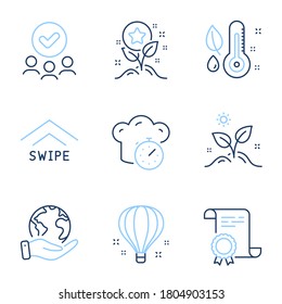 Setzen Sie die Symbole für Loyalitätspunkte und Pflanzenzüge ein. Diploma-Zertifikat, retten Planet, Gruppe von Menschen. Thermometer, Luftballon und Cooking Timer Schilder. Vektorgrafik