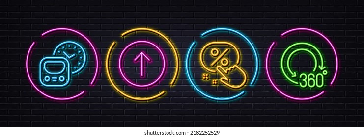 Swipe up, Metro and Discount button minimal line icons. Neon laser 3d lights. 360 degrees icons. For web, application, printing. Scroll screen, Subway timetable, Sale price. Panoramic view. Vector