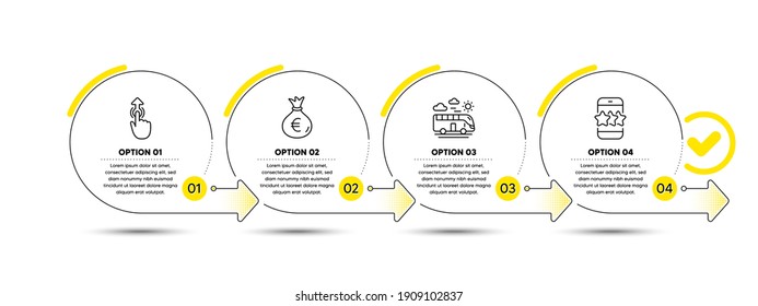 Swipe up, Money bag and Bus travel line icons set. Timeline process infograph. Star sign. Touch technology, Euro currency, Transport. Phone feedback. Business set. Infographics timeline banner. Vector