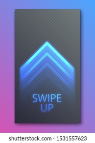 Swipe up, neon glowing arrow button for ui screen social media. Arrow web icon for advertising and marketing in social media application. Scroll or swipe up blue glow design on transparent background