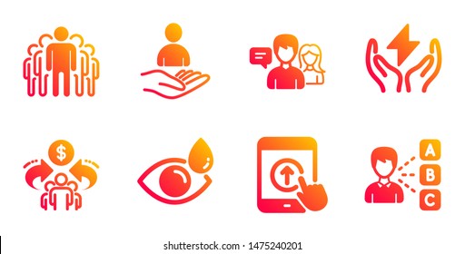 Swipe up, People talking and Sharing economy line icons set. Group, Eye drops and Recruitment signs. Safe energy, Opinion symbols. Scrolling screen, Contact service. People set. Vector