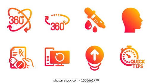 Swipe up, Prescription drugs and Chemistry pipette line icons set. Recovery computer, Full rotation and 360 degrees signs. Head, Quick tips symbols. Scrolling page, Pills. Science set. Vector