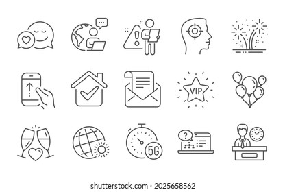 Swipe up, Presentation time and World weather line icons set. Online help, Fireworks and Wedding glasses signs. 5g internet, Vip star and Mail newsletter symbols. Line icons set. Vector