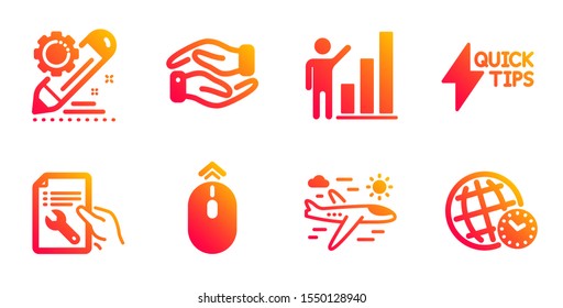 Swipe up, Project edit and Helping hand line icons set. Graph chart, Repair document and Airplane travel signs. Quickstart guide, Time zone symbols. Scrolling page, Settings. Business set. Vector