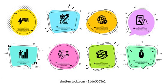Swipe up, Project edit and Helping hand line icons set. Chat bubbles with quotes. Graph chart, Repair document and Airplane travel signs. Quickstart guide, Time zone symbols. Vector