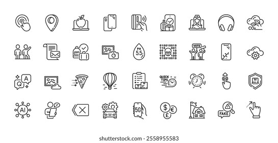 Swipe up, Quick tips and Money currency line icons pack. AI, Question and Answer, Map pin icons. Headphones, Smartphone, Binary code web icon. Vector