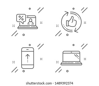 Swipe up, Refresh like and Online loan line icons set. Laptop sign. Scrolling screen, Thumbs up counter, Discount percent. Computer. Technology set. Line swipe up outline icon. Vector
