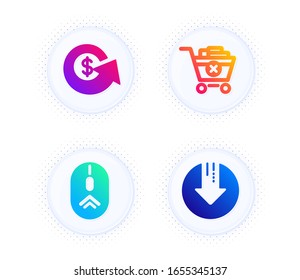 Swipe up, Remove purchase and Dollar exchange icons simple set. Button with halftone dots. Download arrow sign. Scrolling page, Delete from cart, Money refund. Crisis. Business set. Vector