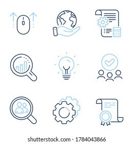 Swipe up, Seo analysis and Search employees line icons set. Diploma certificate, save planet, group of people. Settings blueprint, Settings gears and Energy signs. Vector
