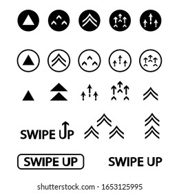 Swipe up. Set of arrows and buttons for social media. Set of swipe up icons  isolated on white background for stories design blogger, scroll pictogram. Scroll or swipe up. Outline icons in black color
