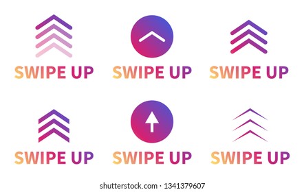 Swipe up, set of buttons for social media. Arrows, buttons and web icons for advertising and marketing in social media application. Scroll or swipe up