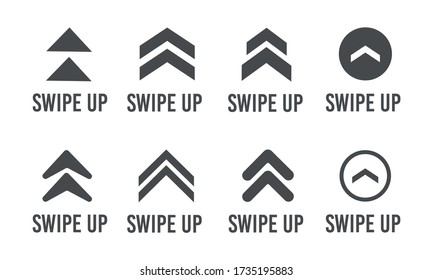 Swipe up, set of buttons for social media. Arrows, buttons and web icons for advertising and marketing in social media application. Scroll or swipe up.