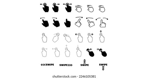 Swipe, conjunto de botones para los medios sociales. Flechas negras, botones e iconos web para publicidad y marketing en aplicaciones de medios sociales. Desplazarse o girar hacia arriba, Barrido de texto, Iconos planos de diseño 