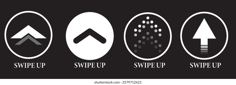 Swipe up, set of buttons for social media. Black arrows, buttons and web icons for advertising and marketing in social media application.