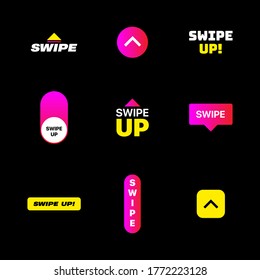 Swipe Up. Set Of Swipe Icons. Digital Gradient Swipe Buttons For Stories Design. Instagram, Facebook, Youtube, Social Media Vector Illustration On Black Background 