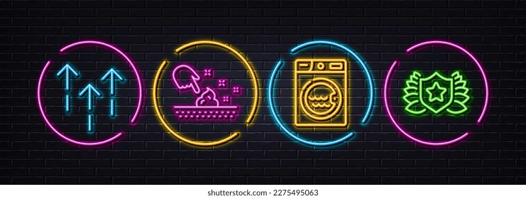 Swipe up, Skin moisture and Laundry minimal line icons. Neon laser 3d lights. Laureate icons. For web, application, printing. Scrolling arrow, Wet cream, Washing machine. Award shield. Vector