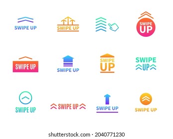 Swipe up. Social media interface buttons. Different arrows for mobile application. Video stories link drag or communication blog UI signs. Vector colorful graphic digital icons set