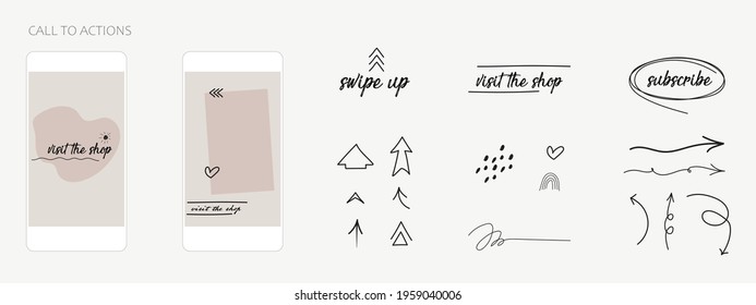 swipe up, subscribe, visit shop hand drawn vector icons for scrolling button. Instagram social media minimal organic shape arrow line element set.