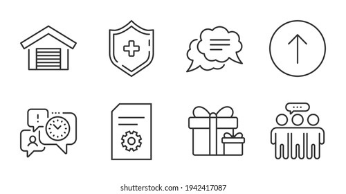 Swipe up, Surprise package and File settings line icons set. Employees group, Time management and Text message signs. Parking garage, Medical shield symbols. Quality line icons. Swipe up badge. Vector