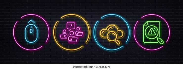 Swipe up, Teamwork question and Cloud computing minimal line icons. Neon laser 3d lights. Search document icons. For web, application, printing. Scrolling page, Remote work, Search data. Vector