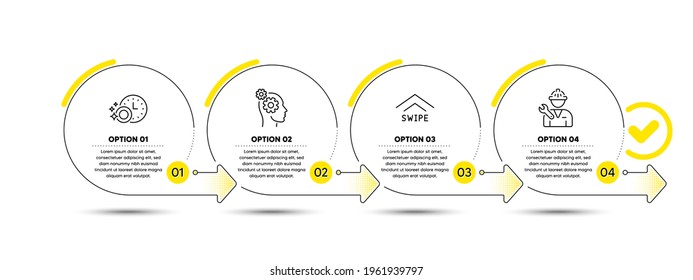 Swipe up, Thoughts and Dishwasher timer line icons set. Timeline process infograph. Repairman sign. Scrolling arrow, Business work, Cleaning dishes. Repair service. Technology set. Vector