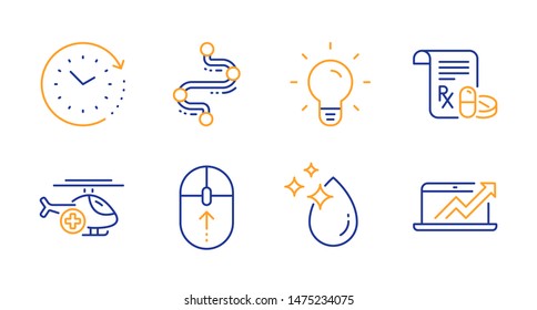 Swipe up, Time change and Medical helicopter line icons set. Light bulb, Timeline and Medical prescription signs. Water drop, Sales diagram symbols. Scrolling page, Clock. Science set. Vector