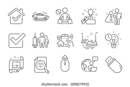 Swipe up, Time management and Bumper cars line icons set. Stop shopping, Checkbox and Architect plan signs. Medical vaccination, Car and House security symbols. Line icons set. Vector