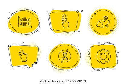 Swipe up, Touchscreen gesture and Recovery gear signs. Chat bubbles. Animal tested, Diagram chart and Human resources line icons set. Bio product, Presentation graph, Update profile. Vector
