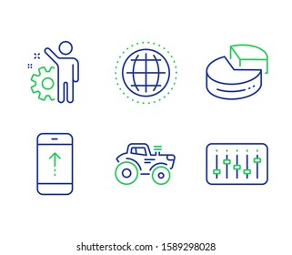 Swipe up, Tractor and Pie chart line icons set. Employee, Globe and Dj controller signs. Scrolling screen, Farm transport, 3d graph. Cogwheel. Business set. Line swipe up outline icons. Vector