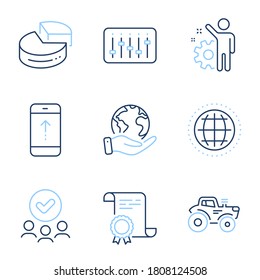 Swipe up, Tractor und Pie Diagramm Linie Symbole gesetzt. Diploma-Zertifikat, retten Planet, Gruppe von Menschen. Mitarbeiter-, Globe- und Dj-Controller-Zeichen. Scrollen Bildschirm, Landtransport, 3D-Grafik. Zahnrad. Vektorgrafik
