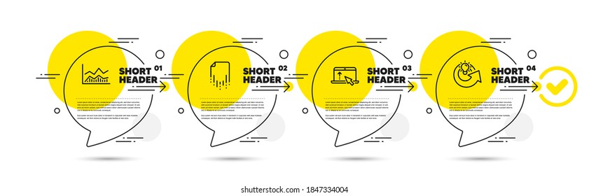 Swipe up, Trade infochart and Recovery file line icons set. Timeline infograph speech bubbles. Share idea sign. Scroll screen, Business analysis, Backup document. Solution. Science set. Vector