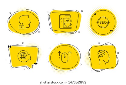 Swipe up, Unlock system and Engineering signs. Chat bubbles. Coffee maker, Seo and World globe line icons set. Tea machine, Search target, Around the world. Scrolling page. Business set. Vector